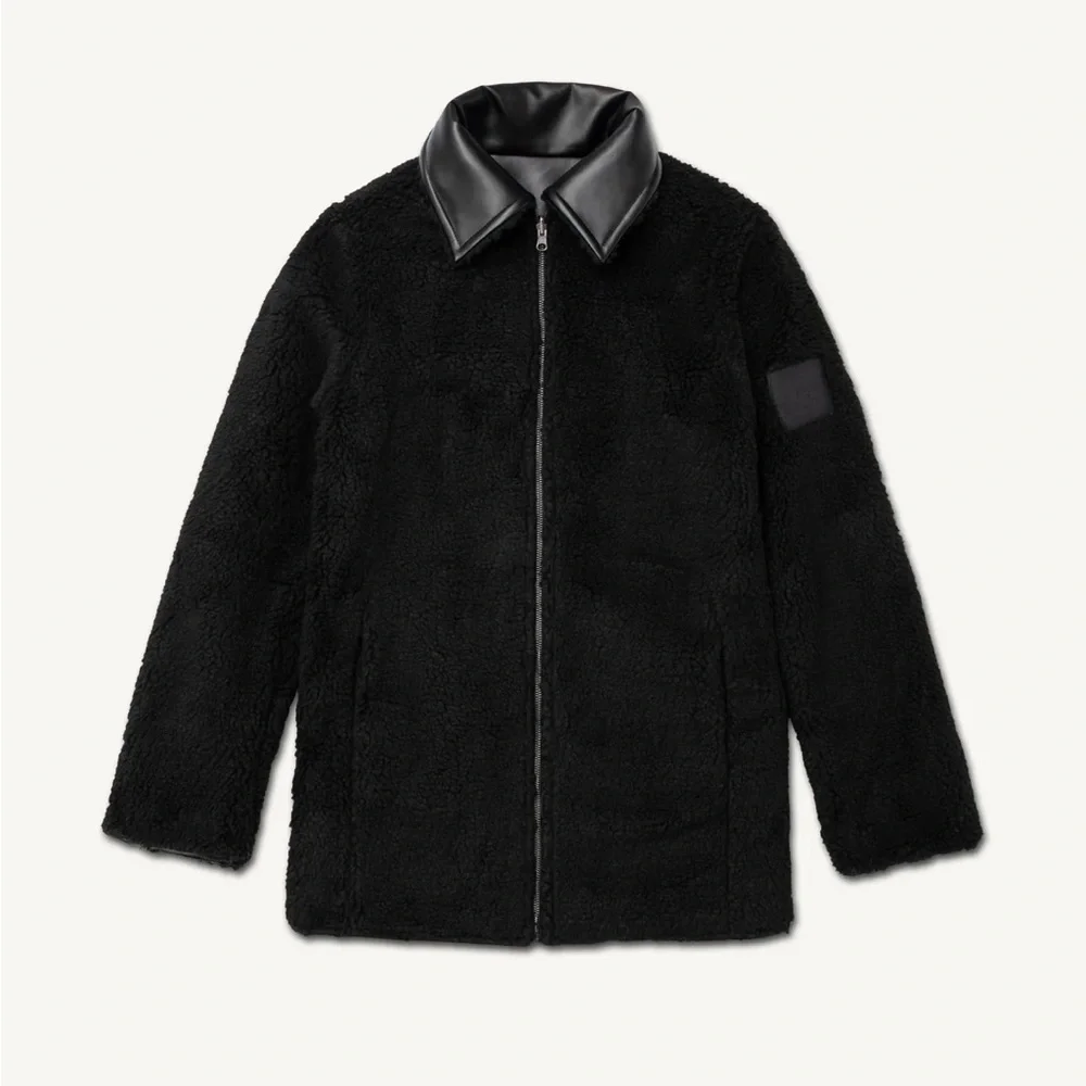 VEILED -Reversible Vegan Leather Sherpa Aviator Coat - Black - Picture 4 of 9
